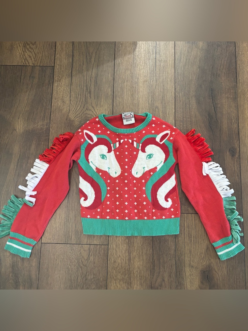 Well Worn Brand Holiday Sweater Unicorn Fringe Sleeve, XS (4-5)